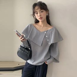 Women's Blouses Onalippa Irregular Design Off-shoulder Blouse Women V Neck Ruffles Striped Long Sleeves Tops Korean Fashion Loose Pullover