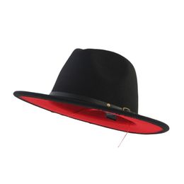 Unisex Flat Brim Wool Felt Fedora Hats with Belt Red Black Patchwork Jazz Formal Hat Panama Cap Trilby Chapeau for Men Women2595