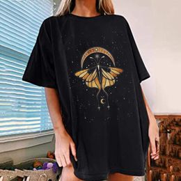 Women's T Shirts Vintage Sun And Moon Printed Pattern Casual Short Sleeve Tops Blouse Loose Fit