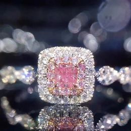 Pure Silver 925 Pink Colored Diamond Micro Set Carbon Silicon Stone Square Princess Womens Ball Edge Ring 240307