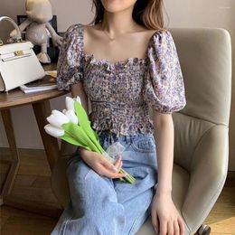 Women's Blouses Women Crop Top Flower Print Square Neck Summer Blouse Shirring Short Sleeves Pleated Dress-up Elastic Bust Lady Tank