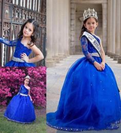 2019 Long Sleeves One Shoulder Girl039s Pageant Dress With Sash Princess Ruffle Beaded Appliques Girl039s Formal Dresses Kid3140610