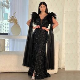 Glitter Black Sequined Evening Dresses Front Split Feathers Beaded V-Neck Luxury Elegant Formal Party Gowns Floor Length Celebrity Dress For Women