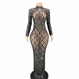 Stage Wear Sequins Crystals Long Dress Women Evening Prom Party Birthday SexyTransparent Performance Costume Show