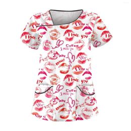 Women's T Shirts Valentine's Day Printed Work Clothes Sloping Collar And Double Layer Pockets Basic Top Pullover Big Size Cloth