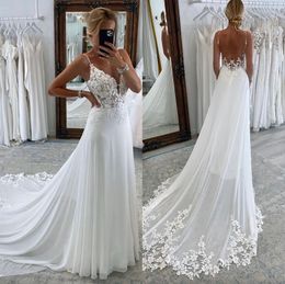 A Boho Lace Line Dresses Straps Backless Button Appliques Sweep Train Designer Wedding Bridal Gowns ppliques