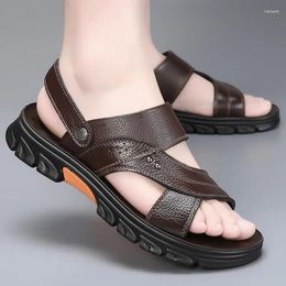 Sandals Vacation Flats Comfortable Men Solid Colour Open Toe Mens Leather Genuine Slipper Beach For Male Footwear