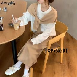 Women Sets 2 Pieces Temperament Arrive Autumn Patchwork Sweatshirt Midcalf Skirt Leisure Vintage Teen Tender Ulzzang Chic 240228