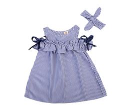 New Summer Toddler Kids Baby Girls Lovely Clothes Blue Striped Offshoulder Ruffles Party Gown Formal Dresses8856920