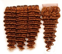 30 Light Auburn Deep Wave Bundles With Closure Virgin Brazilian Human Hair Weaves 3 Bundle Deals With Lace Closure 4x4 Part7140744