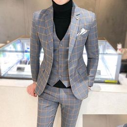 Men'S Suits & Blazers Men Dress Pants Vest 3 Piece Suits / Male Wedding Autumn Business Formal Plaid Suit Luxury Slim Fit Coat Trouse Dhm1Q