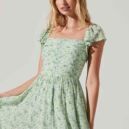 Women's Casual Green Floral Dress Mid-length Slimming Printed Cotton Knitted Dress OEM/ODM