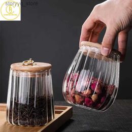 Food Jars Canisters 550/700ml Glass Round Food Storage Jar with Wooden Lid Kitchen Coffee Beans Candy Tea Grains Canister Home Snacks Storage Tank L240308