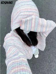 Japanese Y2k Rainbow Striped Kawaii Cardigans Women Autumn All Match Hooded Sweaters Loose Zipper Grunge Knitted Coat Pull Femme 240228