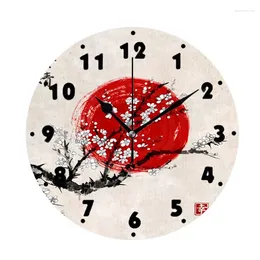 Wall Clocks Oriental Japanese Cherry Blossom Ink Painting Clock For Living Room Home Decor Traditional Art Floral Big Watch Silent