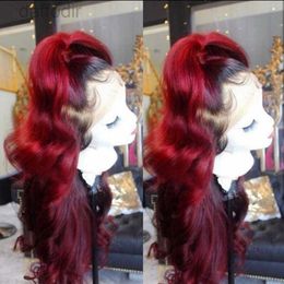 Synthetic Wigs Free part 360 Frontal Long body wave black Ombre burgundy red brazilian wigs Synthetic Lace Front Wig For Women 240308