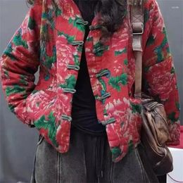 Women's Trench Coats Spring Autumn And Winter Ethnic Style Flower Cotton Coat Loose Short Button Retro V-Neck Quilted Jacket For Women K094