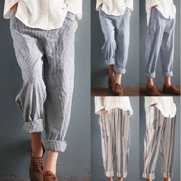 Capris Plus Size 5xl Cotton Linen Pants Women Summer Loose Harem High Waist Pocket Stripped Pants Casual Pantalon Sweatpants Trousers