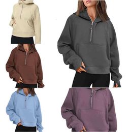 lulu-052 Womens Hoodies Sweatshirts Autumn Winter Yoga Suit Scuba Hoodie Half Zip Sports Sweater Loose Gym Jacket Fitness Short Plush Coat Sweatshirt YU1994