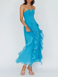 Casual Dresses Women S Halter Neck Long Dress Solid Colour Sleeveless Ruched Bust Ruffle Trim Chiffon Maxi