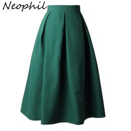 Dresses Neophil 2022 Summer Ladies Black Pleated Ball Gown Skater Midi Skirts Womens Solid S Xxxl Office Wear Preppy Style Saias S8322