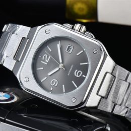 Model Top Brand Luxury Sport Quartz Bell Multifunction Watch 3 pins square Full Stainless Steel Men Ross Square limited Wristwatch236S