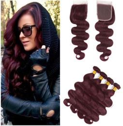 Virgin Brazilian Wine Red Human Hair Weaves with Closure Body Wave 99J Burgundy Virgin Human Hair 4 Bundles Deals with 4x4 Lace C7384288