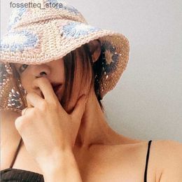 Wide Brim Hats Bucket Hats Handmade Str Flower Fisherman Hat Womens Hollow Crochet Elegant Big-eaves Hat Summer Sun Protection Mori System Visor L240305