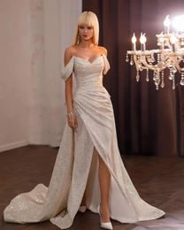 Stunning Champange Sequined Mermaid Wedding Dress Side Slit Off The Shoulder Mermaid Bridal Gown Vestidos De Novias Custom Made