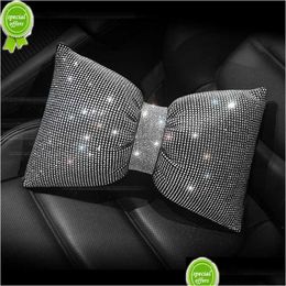 Other Interior Accessories New Diamond Bowknot Car Neck Pillow Rhinestone Crystal Headrest Seat Support Waist Pillows Bling Accessorie Dhifu