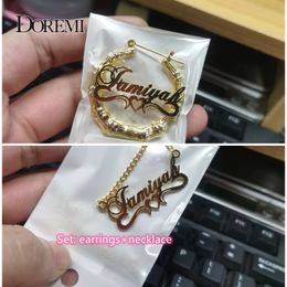 DOREMI 2 pieces Set Name Earrings and Necklace 3MM Cuban Bamboo Earrings Custom Heart Name Pendant Personalised Name Earrings 240228