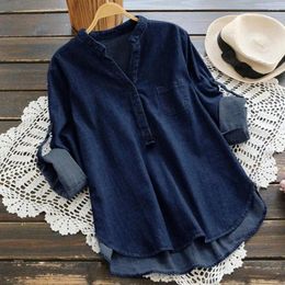 Women's Blouses Women Shirt Solid Colour Denim Stylish Small Stand Collar V-neck Fashionable