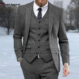 Suits Grey Tweed Suits for Men Slim Fit Formal Herringbone Groom Vintage Wedding Tuxedo Casual Business Jacket Vest Pants 3 Pieces Set