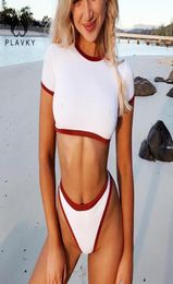 2019 Sexy Retro White Bordered Crop Top Bathing Suit Female Swimsuit Sleeves Micro Thong High Waist Cut Swimwear Women Bikini9157423