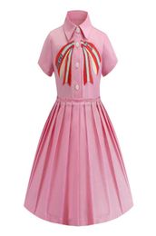 Retail baby girl pink dresses embroidered lapel short sleeve cotton pleated skirt dress kids designer clothes children boutique cl6863973