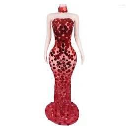 Stage Wear Women Singer Model Sexy Transparent Performance Costume Red Sequin Mesh Backless Strapless Long Dress Party Po Shoot