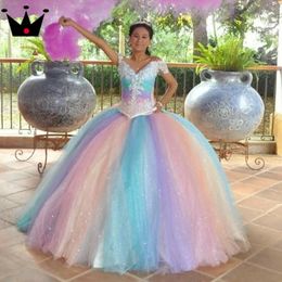 Rainbow Sparkly Off Shoulder Quinceanera Dresses Sweet 16 Prom Party Ball Gown Birthday Party Gowns Princess Prom Dress