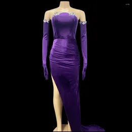 Stage Wear Sparkly Silver Rhinestone Elastic Long Dress Women Purple Velvet Split Elegant Evening Prom Birthday Celebrate Outfi