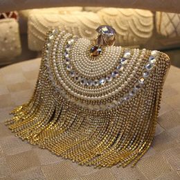 Rhinestones Tassel Clutch Diamonds Beaded Metal Evening Bags Chain Shoulder Messenger Purse Evening Bags For Wedding Bag 240306