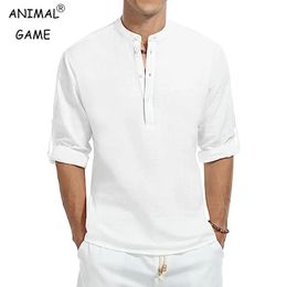 Mens Casual Cotton Shirt Long Sleeve Band Collar Henley Solid Colour Tops 240226