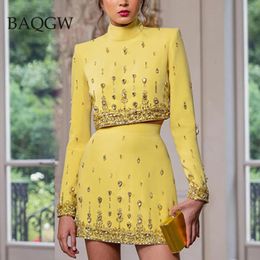 Autumn Womens Fashion Sexy Diamond Beaded Zipper Short Top Skirt Yellow Two Piece Suit Set High Quality Luxury Matching Sets 240226