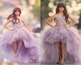 2019 New Girls Pageant Dresses Princess Tulle High Low Length Lace Appliques Lilac Kids Flower Girls Dress Ball Gown Cheap Birthda6941420
