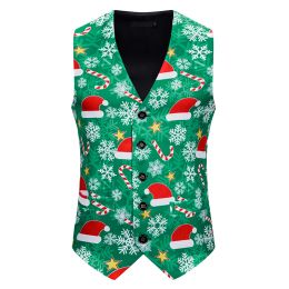 Vests Christmas Hat Print Mens Suit Vests 2023 Merry Christmas Waistcoat Men Xmas Party Prom Costume Vests Cosplay Men Clothes