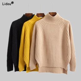 Sweaters Asymmetrical Patchwork Mock Neck Solid Office Lady Loose Casual Autumn Winter Thick Sweaters Screw Thread Women's Clothing 2022