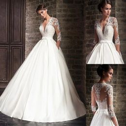 Deep V-neck Tulle & Satin A-Line Satin Wedding Dresses With Lace Appliques Illusion Back 3/4 Sleeves Bridal Gowns