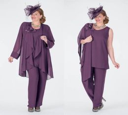 Elegant Purple Mother Of The Bride Pant Suits With Jackets Jewel Neck Cheap Wedding Guest Dress Plus Size Chiffon Mothers Groom8156950