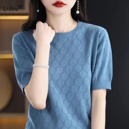 Pullovers Commute Allmatch Solid Colour Knitted Tshirt for Female Fashion Comfortable Round Neck Casual Pullovers Tops Women's Clothing