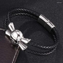 Charm Bracelets Fashion Mens Jewelry Black Braided Leather Rope Bracelet Men Skeleton Skull Steel Buckle Male Bangle FR0472