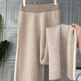 Women's Pants S-4Xl Elegant Knitted Wide Leg Women Oversized High Waist Striped Woolen Trousers Winter Korean Streetwear Baggy