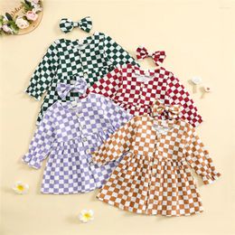 Girl Dresses Fashion Children Dress Clothing For Kids Girls Checkerboard Print Button Long Sleeve Cotton Linen A-line Hairpin Costume